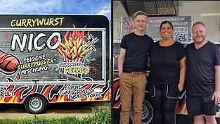 Familiensache: 'Currywurst-Nico' Nicolas Roth mit seinen Eltern Andreas und Eva. Der Imbisswagen (li.) ist mit der Pop-Art-Folierung ein echter Hingucker.