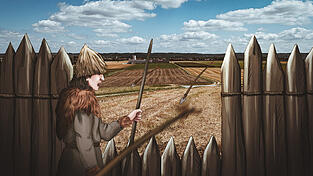 Schon zu Zeiten Ötzis hatten die Menschen im Landkreis Landshut das Bedürfnis, sich mit Verteidigungsbauten zu schützen. Die erste Burg stand auf dem Galgenberg über dem Isarttal. LZ-Illustratorin Laura Niederbruckner entwarf diese Angriffsszene.