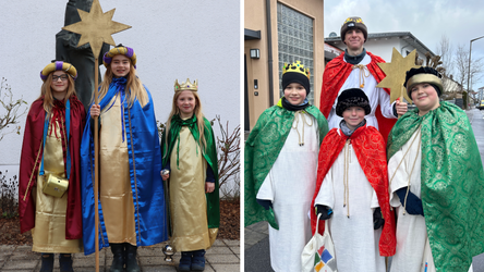 Unter anderem waren heuer&nbsp;f&uuml;r St. Elisabeth-St. Peter als Sternsingerinnen unterwegs (von links): Feli Kalbe als Casper, Lina Kalbe als Balthasar und Emilia Aigner als Melchior. F&uuml;r St. Peter-St. Michael unterwegs waren: Jakob Wild (hinten), Richard Niedermeier (links), Vinzenz Lermer (Mitte) und Jonas Bernlocher.
