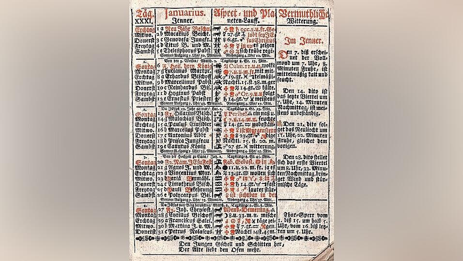 Monatsseite im Straubinger Kalender 1765 (G&auml;ubodenmuseum Straubing)