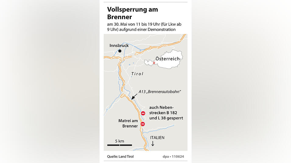 Neben der Brennerautobahn sind auch die Nebenstrecken B182 und L38 gesperrt. (Grafik)