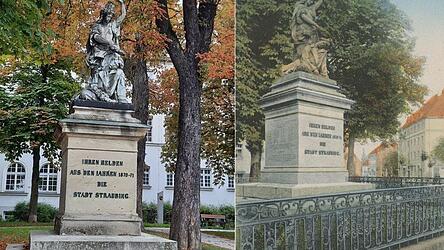 Links das Denkmal heute und rechts um 1917 noch mit Zaun und mehr Inschriften. Links das Denkmal heute und rechts um 1917 noch mit Zaun und mehr Inschriften.