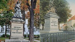 Links das Denkmal heute und rechts um 1917 noch mit Zaun und mehr Inschriften.