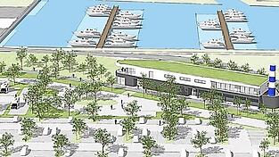 Stellpl&auml;tze f&uuml;r Wohnmobile, Gastronomie und Stelzenh&auml;user: eine Visualisierung der Architekten f&uuml;r das Rettungszentrum mit Donauerlebnisraum Niederwinkling, Ansicht von Osten. Es soll ein modernes Rettungszentrum werden, kombiniert mit einem Sportboothafen und touristischen Angeboten.(Visualisierung)