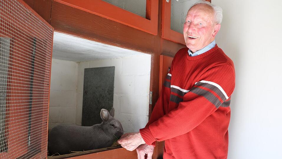 Kaninchenfreund durch und durch: Franz Hacker mit dem Marburger Feh 'Tommy' - der Rasse, der sich der 83-J&auml;hrige verschrieben hat.
