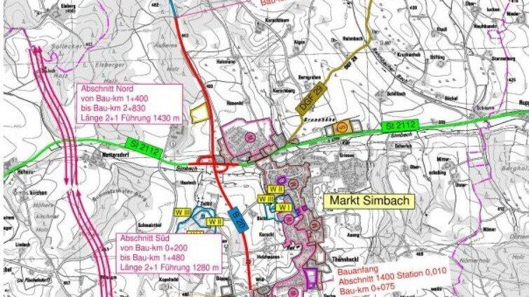Der Bauplan f&uuml;r den dreispurigen Ausbau der B 20 bei Simbach. Eingezeichnet in Rot ist unter anderem der geplante Neubau einer Rampe f&uuml;r die Fahrtrichtung Landau/A 92.