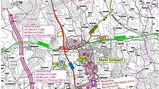 Der Bauplan f&uuml;r den dreispurigen Ausbau der B 20 bei Simbach. Eingezeichnet in Rot ist unter anderem der geplante Neubau einer Rampe f&uuml;r die Fahrtrichtung Landau/A 92.