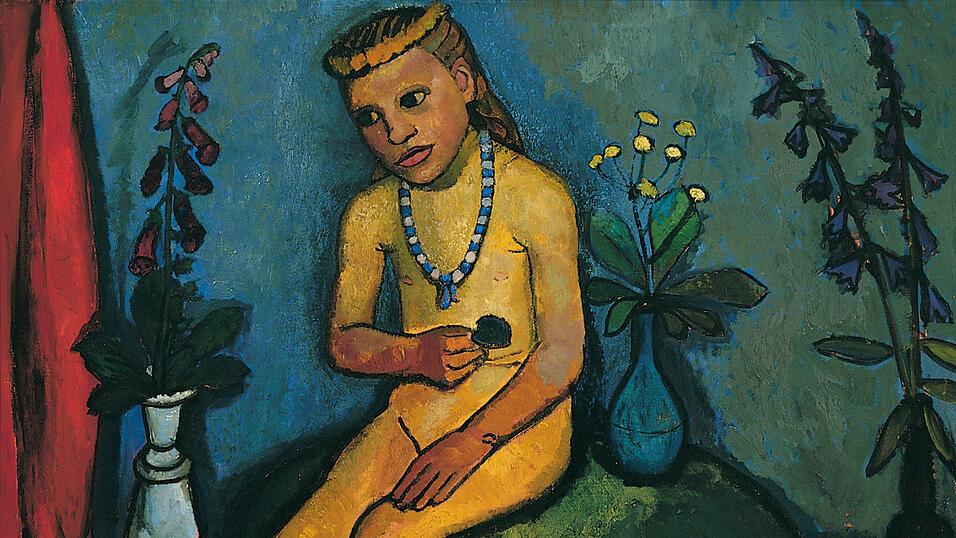 Ein schillernder Sitzender M&auml;dchenakt mit Blumenvasen (um 1907)