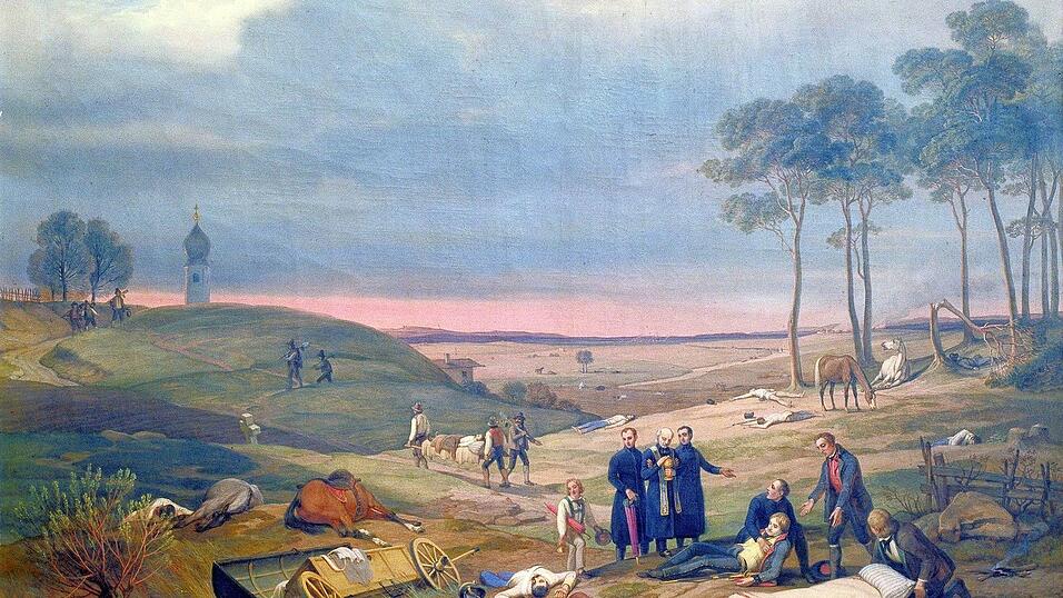 Das 'schöne Bild' im Pfarrhof Schierling zeigt den blinden Pfarrer Joseph Häring von Schierling, der am Rande des Schlachtfeldes den Verwundeten die Eucharistie bringt.