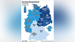 Die Karte zeigt das durchschnittliche Alter der Bev&ouml;lkerung in Deutschland.&nbsp;