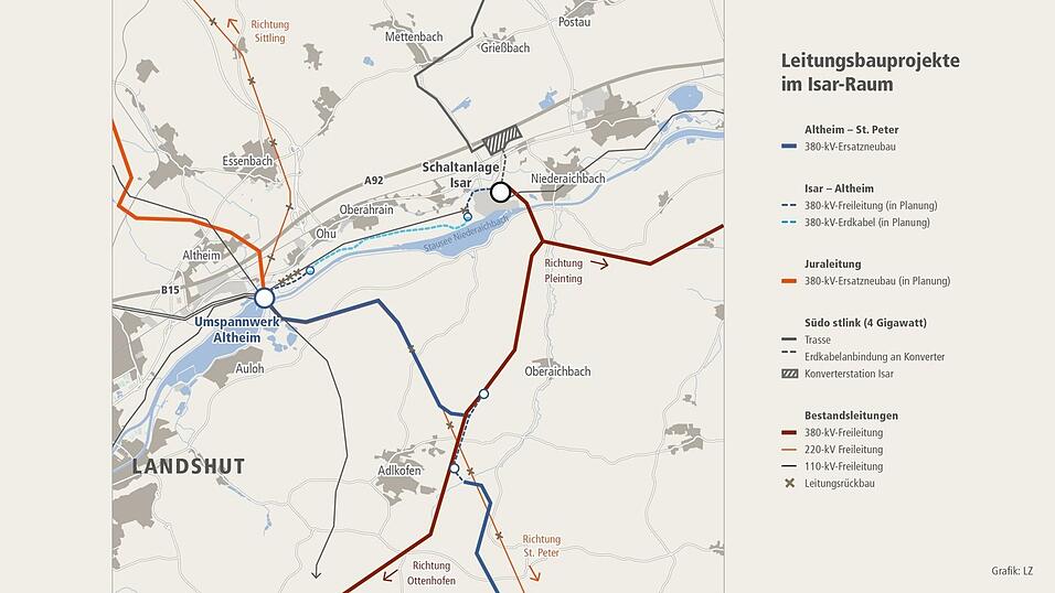 Ein Überblick über den Verlauf der großen Stromleitungen in der Isar-Region bei Landshut.