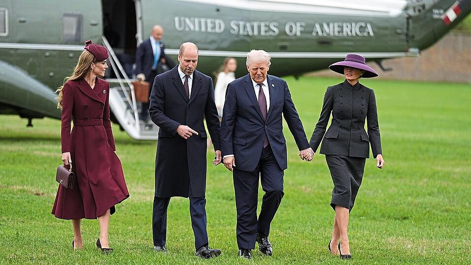 Prinzessin Kate (von links) und Prinz William empfingen Präsident Donald Trump und First Lady Melania Trump. Trump war zuvor mit einem amerikanischen Hubschrauber bei Schloss Windsor gelandet. Prinzessin Kate (von links) und Prinz William empfingen Präsident Donald Trump und First Lady Melania Trump. Trump war zuvor mit einem amerikanischen Hubschrauber bei Schloss Windsor gelandet.