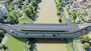 Mit einer zweispurigen Behelfsbr&uuml;cke (mit Geh- und Radweg) soll der Verkehr an der bestehenden Br&uuml;cke vorbei &uuml;ber die kleine Isar gef&uuml;hrt werden.