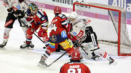Deggendorfs Ty Jackson (in Schwarz, Nummer 14) jubelt nach seinem Treffer gegen Memmingen.