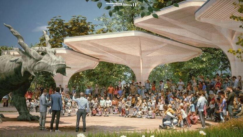 Die Visualisierung von Architekt Peter Hickl zeigt, wie eine Drachen-Vorführung in der geplanten Arena aussehen könnte.