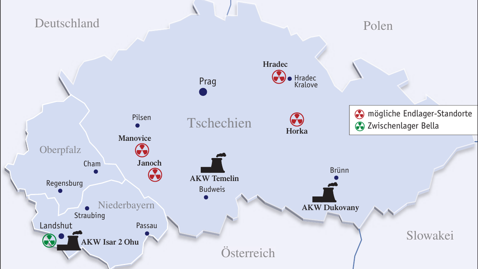 Vier Standorte hat Tschechien in die engere Auswahl f&uuml;r m&ouml;gliche Atomm&uuml;llendlager genommen. Zwei davon sind nur etwa eine Autostunde von Ostbayern entfernt. In Niederbayern liegt Atomm&uuml;ll im Zwischenlager Bella am Kraftwerk Isar 2. Eigentlich nur vor&uuml;bergehend, aber das k&ouml;nnte dauern.