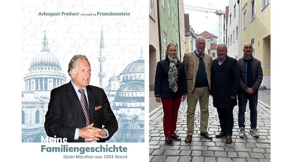 Seine Biografie hat Arbogast Freiherr von und zu Franckenstein als Hardcover-Buch mit 248 Seiten rausgebracht (links). Kamen in die Redaktion (rechts): Ehepaar Franckenstein, fr&uuml;herer Lehrer der Chald&auml;er Fritz Wenzl, Cemal Karatas aus dem Dorf Harbul im Osten der T&uuml;rkei.