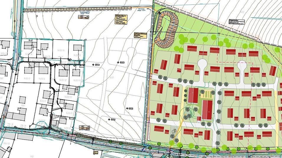 Der Altbestand der Bebauung an der Mallmersdorfer Stra&szlig;e (links) und das neue Baugebiet &bdquo;Fuchsweg&ldquo; an der Weingartenerstra&szlig;e (farbig) mit den beiden vorgesehenen gr&ouml;&szlig;eren Mehrfamilienh&auml;usern.