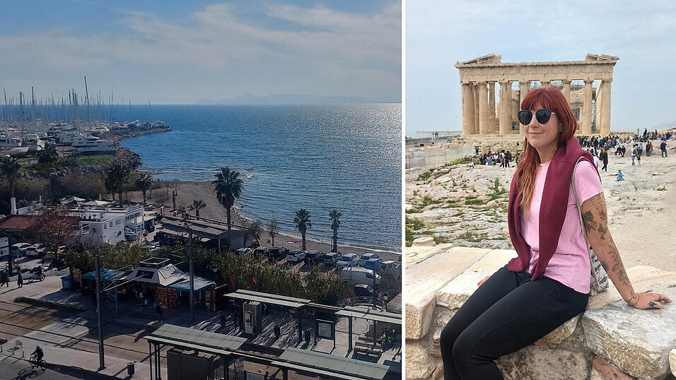 Athen bietet für Kati den perfekten Mix aus Stadt und Strand. Rechts ist sie vor der berühmten Akropolis.