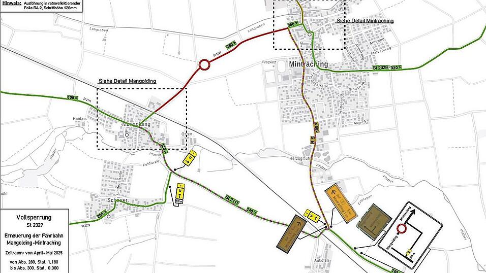 Die Umleitung erfolgt über die Kreisstraße nach Aukofen und über die Staatsstraße nach Mangolding. Die Umleitung erfolgt über die Kreisstraße nach Aukofen und über die Staatsstraße nach Mangolding.