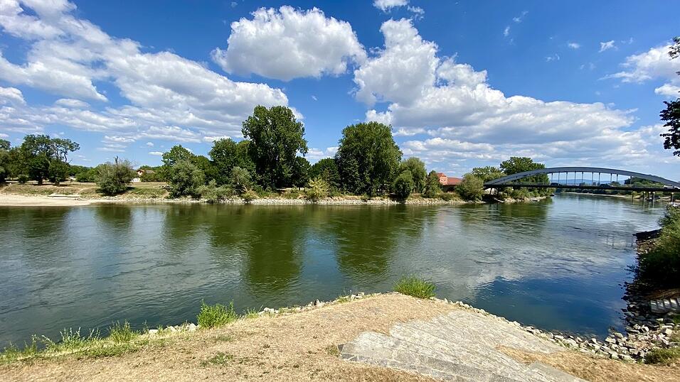 Der Pegelstand der Donau in Straubing ist momentan niedriger als normal. Ein weiteres Zeichen für die Dürre ist das verbrannte Gras am Ufer.