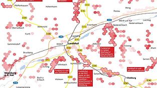Daten der etwa 10 000 Nutzer der Funkloch-App mit mehreren Millionen Messungen pro Jahr liegen der Karte zugrunde. Die Ergebnisse stehen online im Gigabit-Grundbuch der Bundesnetzagentur. Jedes Sechseck steht f&uuml;r schlechtes Netz: Je intensiver die Farbe, desto mehr Funkl&ouml;cher gab es.