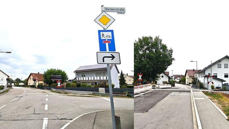 Der Bahn&uuml;bergang an der Dornierstra&szlig;e (links) ist von 27. August bis voraussichtlich 16. Oktober gesperrt. Hier entsteht vom &Uuml;bergang bis zur Aufbaustra&szlig;e eine Einbahnstra&szlig;e. W&auml;hrend der Arbeiten ist daf&uuml;r der &Uuml;bergang an der Ittlinger Hauptstra&szlig;e (rechts) wieder f&uuml;r den Verkehr freigegeben.