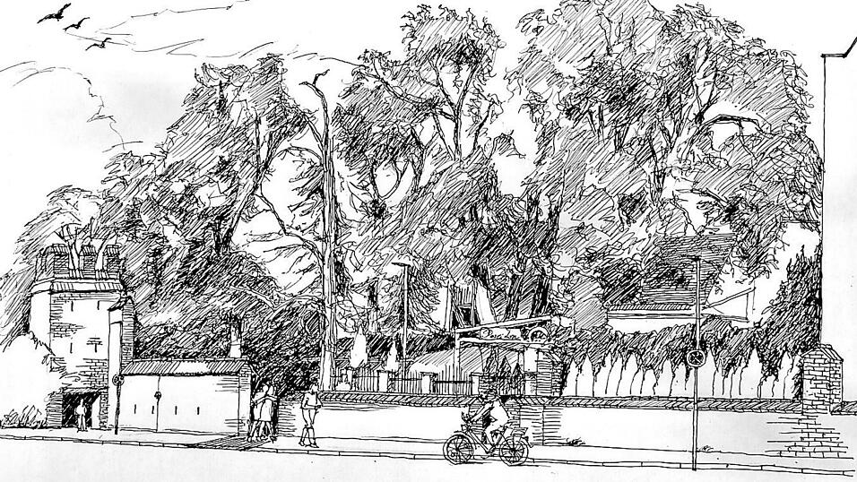 Blick von der Wittstra&szlig;e gezeichnet von Helmut Wartner.