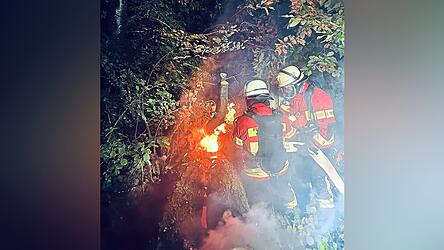Es dauerte lange, den brennenden Kirschbaum zu löschen. Hier die Feuerwehren von Au und Abens.