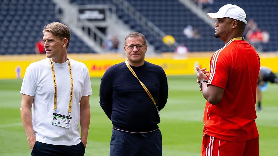 Verantwortlich für die Bayern-Profis: Sportdirektor Christoph Freund (links), Sportvorstand Max Eberl (Mitte) und Trainer Vincent Kompany. (Archivbild) Verantwortlich für die Bayern-Profis: Sportdirektor Christoph Freund (links), Sportvorstand Max Eberl (Mitte) und Trainer Vincent Kompany. (Archivbild)