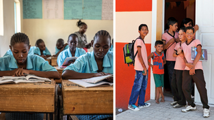 Schüler in Kenia (links) und Brasilien.