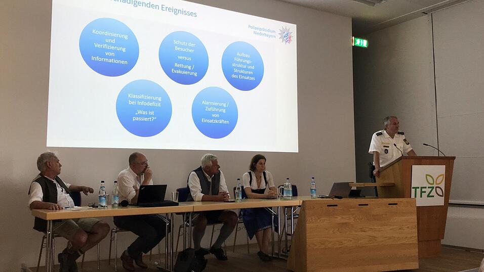 Polizeidirektor Josef Eckl (v.r.) informierte zusammen mit Leitender Kriminaldirektorin Annette Haberl und Leitendem Polizeidirektor Werner Sika bei den zweiten Straubinger BOS-Gespr&auml;chen, wie die Polizei auf eine 'gro&szlig;e Schadenslage' vorbereitet ist. B&uuml;rgermeister Dr. Albert Solleder (links) und der &Auml;rztliche Leiter Rettungsdienst Christian Ernst (2.v.l.) moderierten die Veranstaltung.