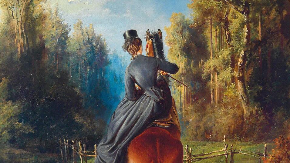 Kaiserin Elisabeth (1837-1898) springt auf diesem Gem&auml;lde von Carl Reichert mit ihrem Pferd &uuml;ber einen Graben.