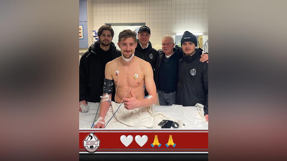 Diese Foto von Marco Sternheimer aus der Intenstivstation in Dingolfing hat der EHC Königsbrunn am Montagmorgen auf Facebook gepostet. Diese Foto von Marco Sternheimer aus der Intenstivstation in Dingolfing hat der EHC Königsbrunn am Montagmorgen auf Facebook gepostet.