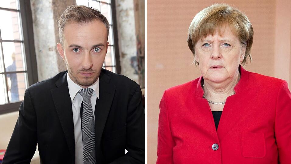 Der Moderator Jan Böhmermann am 14.06.2013 in Berlin und Bundeskanzlerin Angela Merkel am 27.04.2016 bei einer Kabinettssitzung in Berlin. Der Moderator Jan Böhmermann am 14.06.2013 in Berlin und Bundeskanzlerin Angela Merkel am 27.04.2016 bei einer Kabinettssitzung in Berlin.