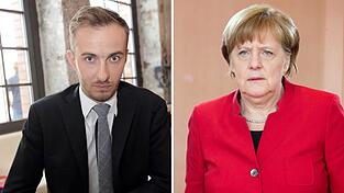 Der Moderator Jan Böhmermann am 14.06.2013 in Berlin und Bundeskanzlerin Angela Merkel am 27.04.2016 bei einer Kabinettssitzung in Berlin. Der Moderator Jan Böhmermann am 14.06.2013 in Berlin und Bundeskanzlerin Angela Merkel am 27.04.2016 bei einer Kabinettssitzung in Berlin.