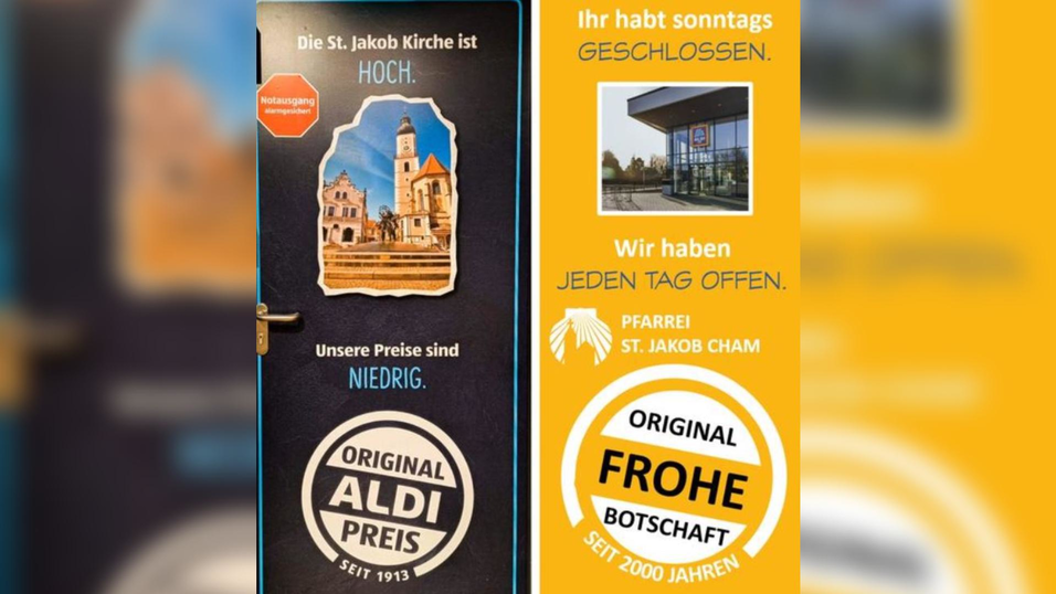 Auf die ungew&ouml;hnliche Werbeaktion von Aldi kontert die Chamer Pfarrei Sankt Jakob gekonnt.