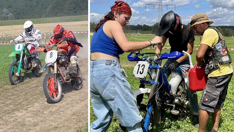 Teils über mehrere Monate hinweg haben die Mofafahrer an ihren Maschinen geschraubt - gerade die Teilnehmer in der offenen, serienfernen Klasse. Beim Boxenstopp (rechts) soll es schnell gehen: Eine mitkonkurrierende Fahrerin - mit ihrem Team in der Damenwertung auf Platz zwei - und Vereinspräsi Selzer helfen dem Teilnehmer aus der Gemeinde Vilsheim mit Startnummer 13 zu tanken. Teils über mehrere Monate hinweg haben die Mofafahrer an ihren Maschinen geschraubt - gerade die Teilnehmer in der offenen, serienfernen Klasse. Beim Boxenstopp (rechts) soll es schnell gehen: Eine mitkonkurrierende Fahrerin - mit ihrem Team in der Damenwertung auf Platz zwei - und Vereinspräsi Selzer helfen dem Teilnehmer aus der Gemeinde Vilsheim mit Startnummer 13 zu tanken.