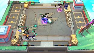 So sieht eine Runde Gameplay in „Teamfight Tactics“ aus. Die Figuren auf dem Spielfeld kämpfen automatisch. Der Spieler platziert sie und muss taktisch handeln.