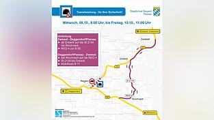 Für zwei Tage bleibt der Riedbergtunnel gesperrt und es wird über Rinchnach umgeleitet.