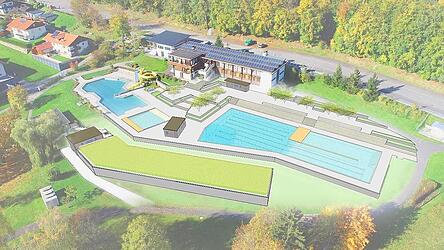 So k&ouml;nnte das Viechtacher Freibad nach der Generalsanierung aussehen: Statt dem Sportbecken ein Kombibecken mit integriertem Sprungturm, das Wasser wird durch die unterhalb an das Becken angrenzende Bodenfl&auml;che, die mit Schilf bewachsen ist, biologisch gefiltert. Das Konzept wurde in das Investitionsprogramm 2025 bis 2029 aufgenommen. Die Kosten: rund 7,5 Millionen Euro. Foto: