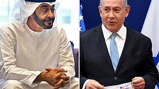 Der emiratische Pr&auml;sident Mohammed bin Sajid (l) und der israelische Ministerpr&auml;sident Benjamin Netanjahu. (Archivbild)