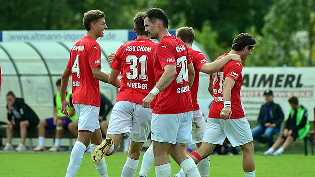 Der ASV Cham bejubelt den sp&auml;ten Siegtreffer gegen Bamberg, erzielt durch Alexander Sigl (l.).