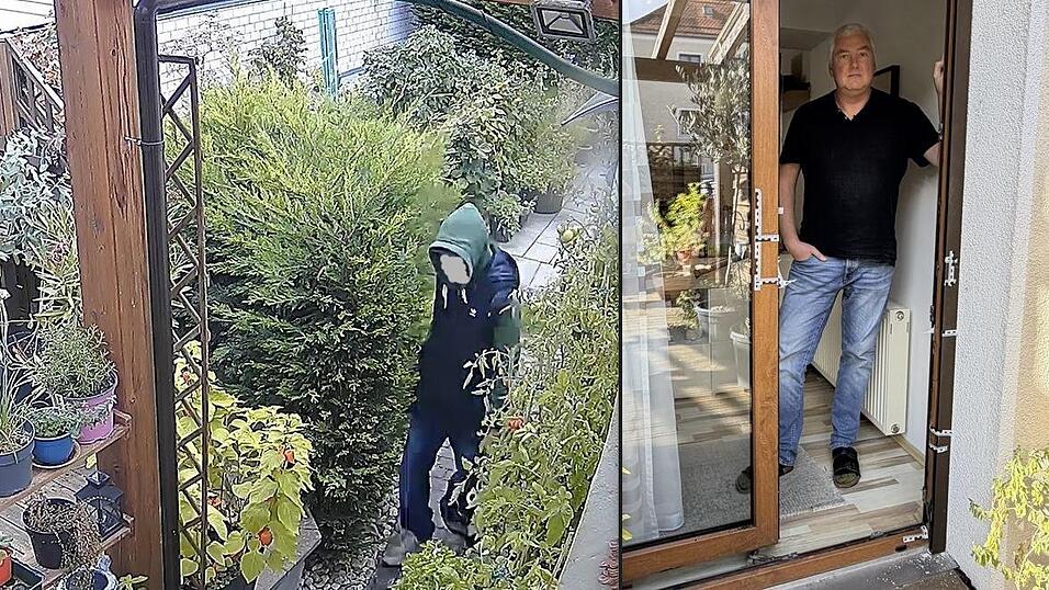 Andreas Kruse an der aufgehebelten Terrassentür, durch die der Einbrecher ins Haus gelangte (rechtes Bild). Die Bilder der Überwachungskamera zeigen den mutmaßlichen Täter (links). Andreas Kruse an der aufgehebelten Terrassentür, durch die der Einbrecher ins Haus gelangte (rechtes Bild). Die Bilder der Überwachungskamera zeigen den mutmaßlichen Täter (links).