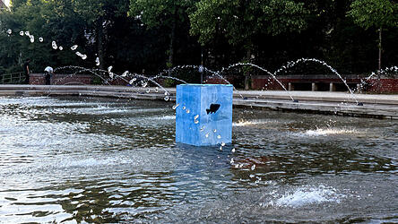Der Fisch ziert einen blauen Betonblock im Wasser.