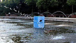 Der Fisch ziert einen blauen Betonblock im Wasser.