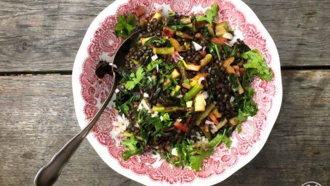 So lecker sieht der Belugalinsen-Salat mit Mangold und Koriander aus.