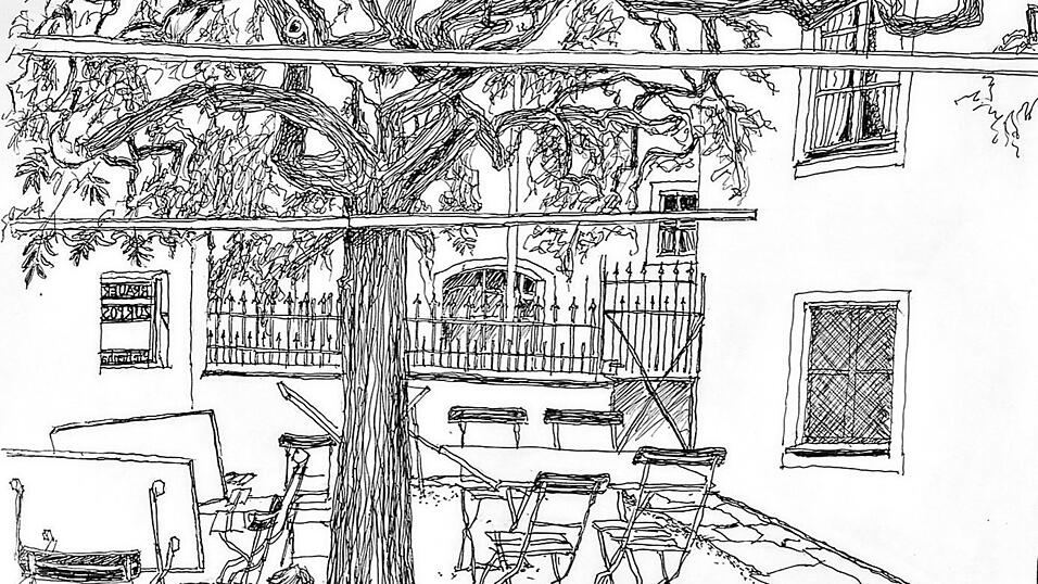 Klein und lauschig: Helmut Wartner skizzierte bei seinem Besuch das Salettl.