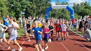 Die gro&szlig;e L&auml;ufergruppe der Grund- und Mittelschule Geiselh&ouml;ring startete &auml;u&szlig;erst diszipliniert.