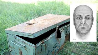 In dieser Metallkiste wurde die Leiche des unbekannten Mannes (rekonstruiertes Bild rechts) am 5. Juli 2016 auf der Elbe gefunden. In dieser Metallkiste wurde die Leiche des unbekannten Mannes (rekonstruiertes Bild rechts) am 5. Juli 2016 auf der Elbe gefunden.